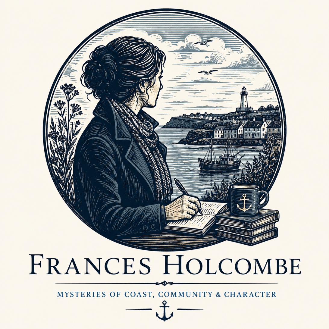 Frances Holcombe — illustrated portrait of a woman writing at a desk overlooking a Cornish harbour
