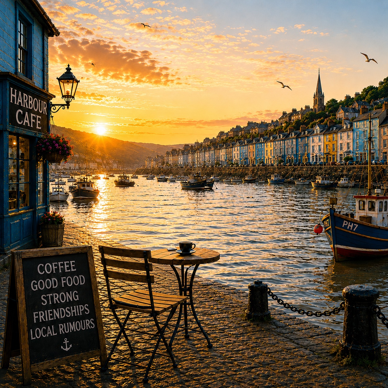 The Harbour Café at Porthaven — golden hour on the quay