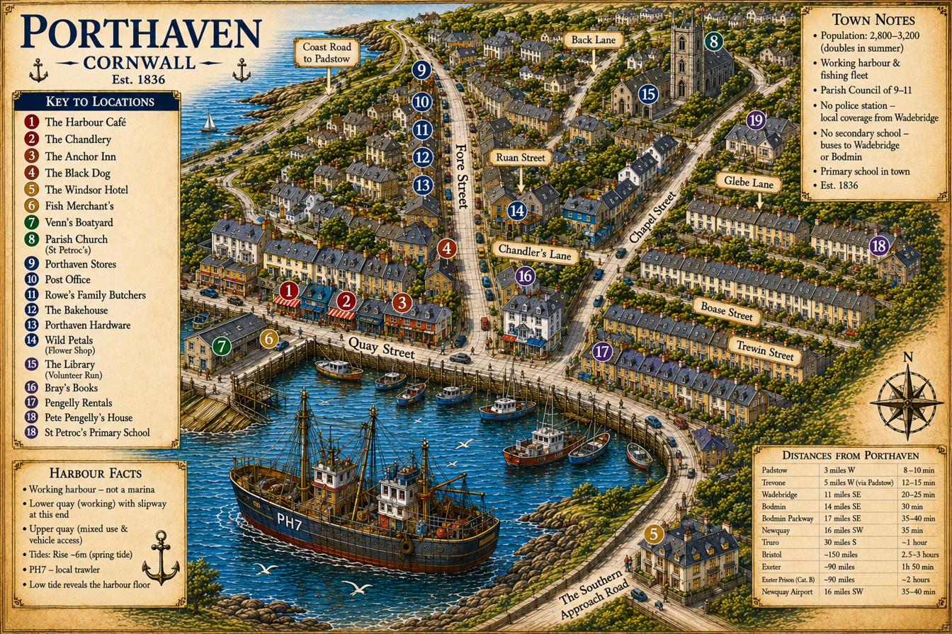 Illustrated map of Porthaven, Cornwall, showing the harbour, key streets, and locations from the Morning Men Mystery Series